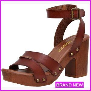 Faux Wood Platform Sandals with Memory Foam Ankle Strap Heels Casual